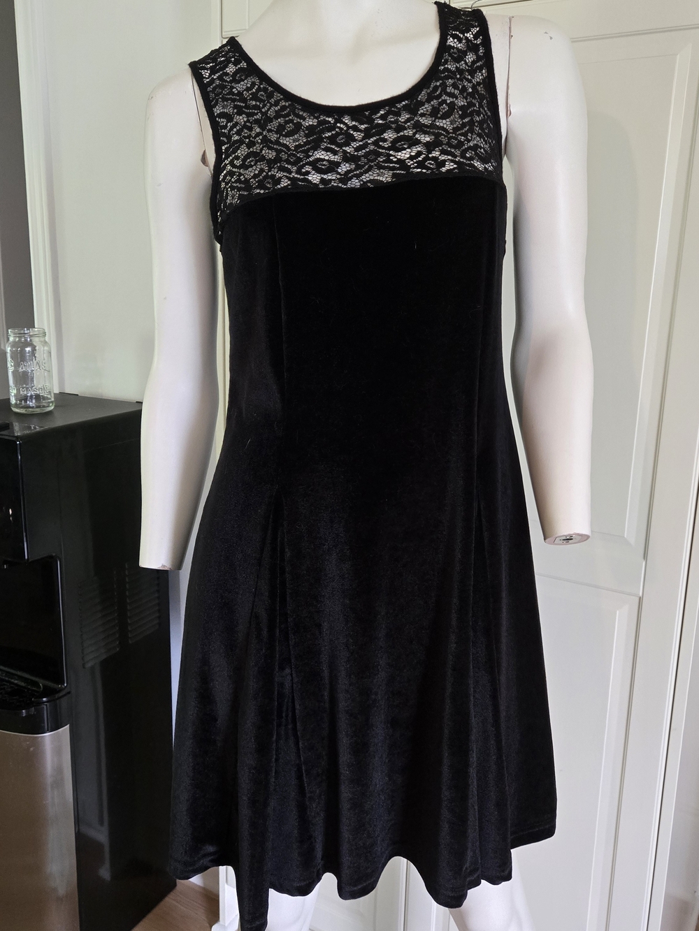 Black Velvet A-Line Dress with Lace Yoke
